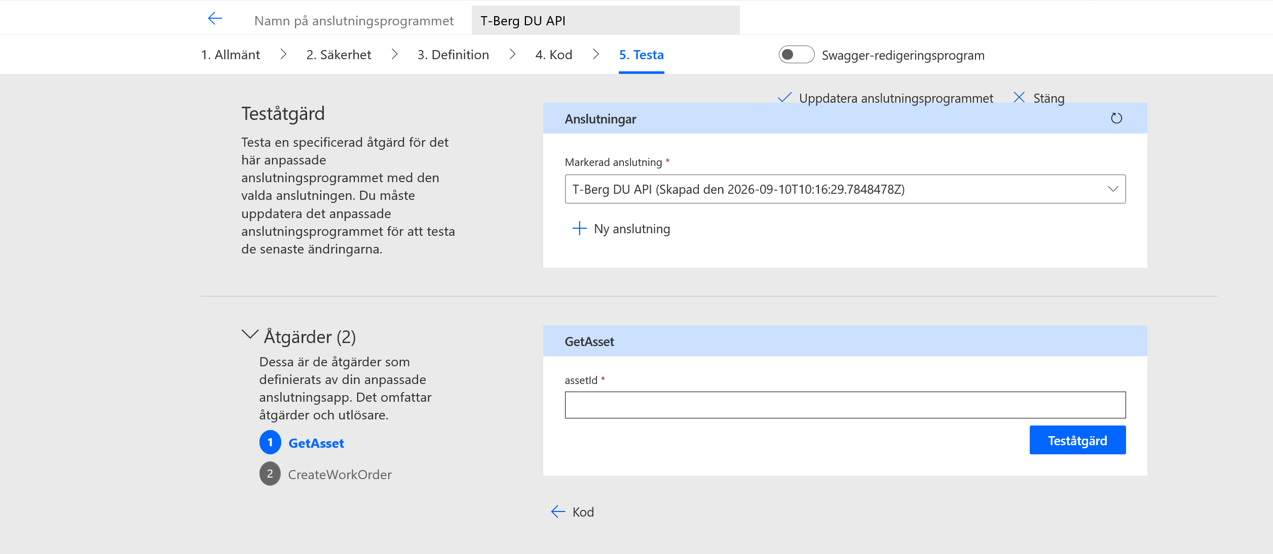 Testfliken med den skapade anslutningen vald