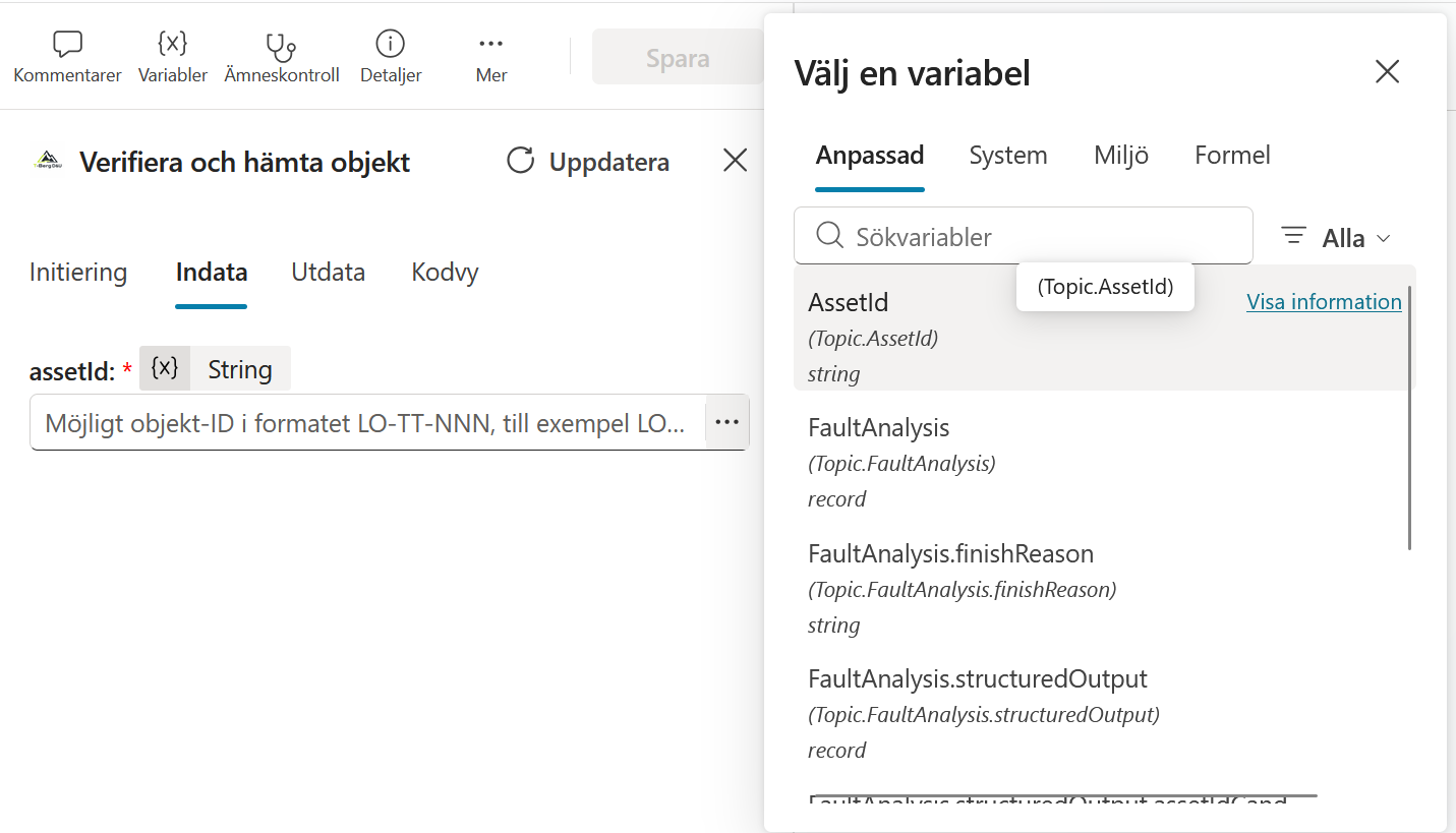 Variabelväljaren med AssetId under Anpassad
