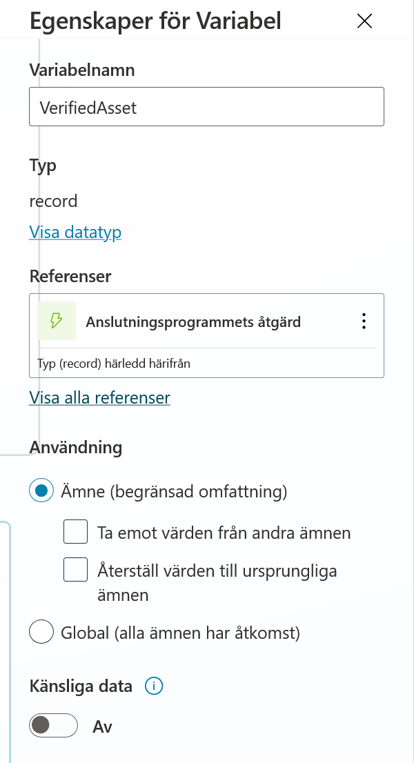 Egenskaper för variabeln VerifiedAsset