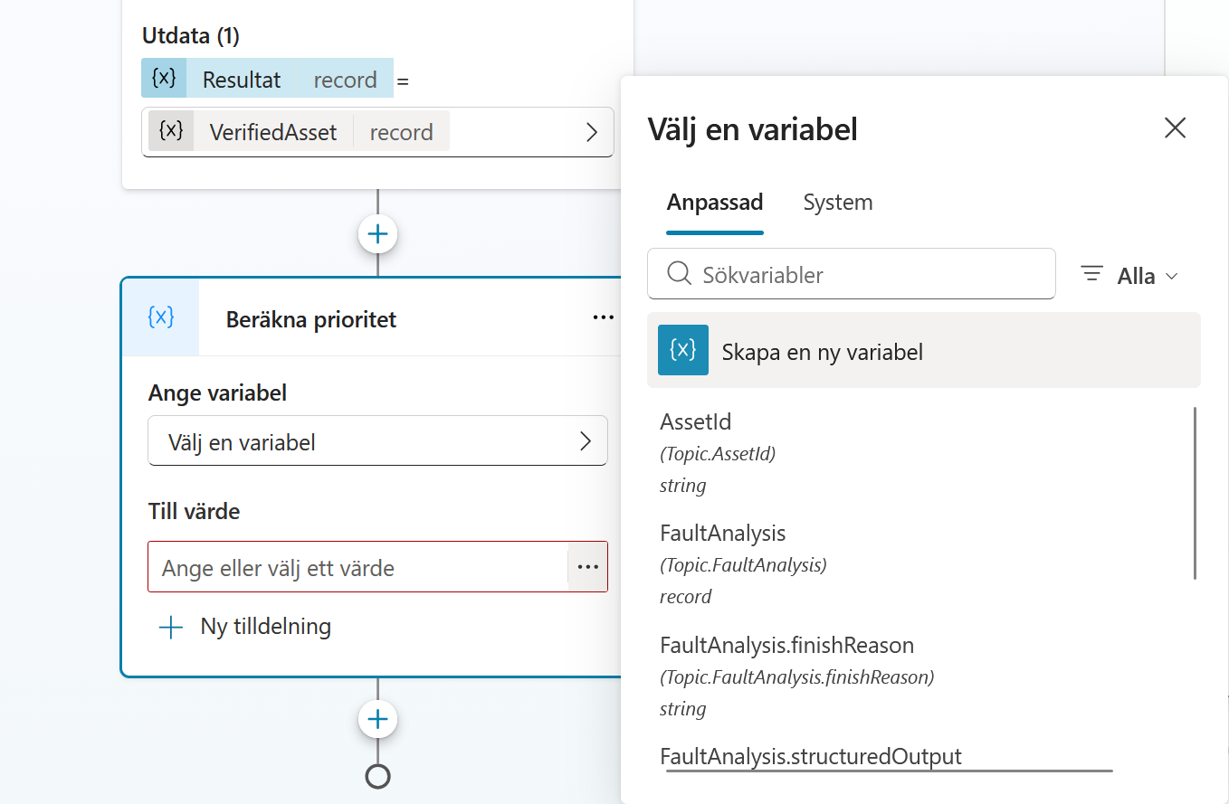 Noden Beräkna prioritet med valet Skapa en ny variabel