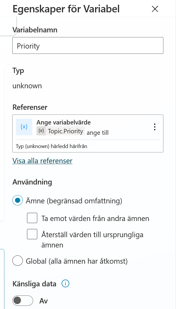 Variabeln har fått namnet Priority