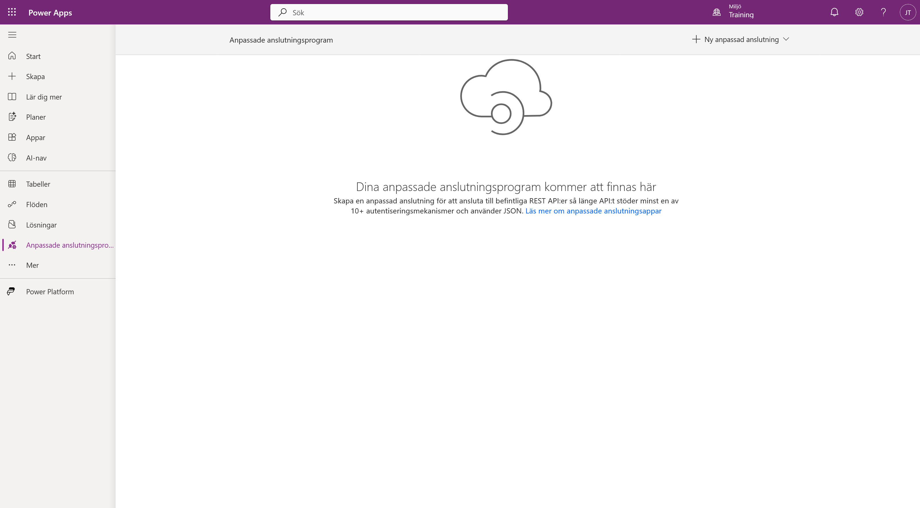 Sidan Anpassade anslutningsprogram i Power Apps