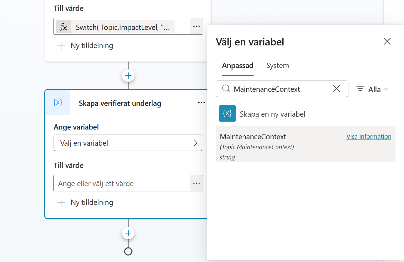 Noden Skapa verifierat underlag med MaintenanceContext valt