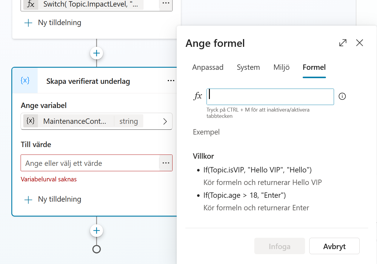 Formelfönstret för MaintenanceContext