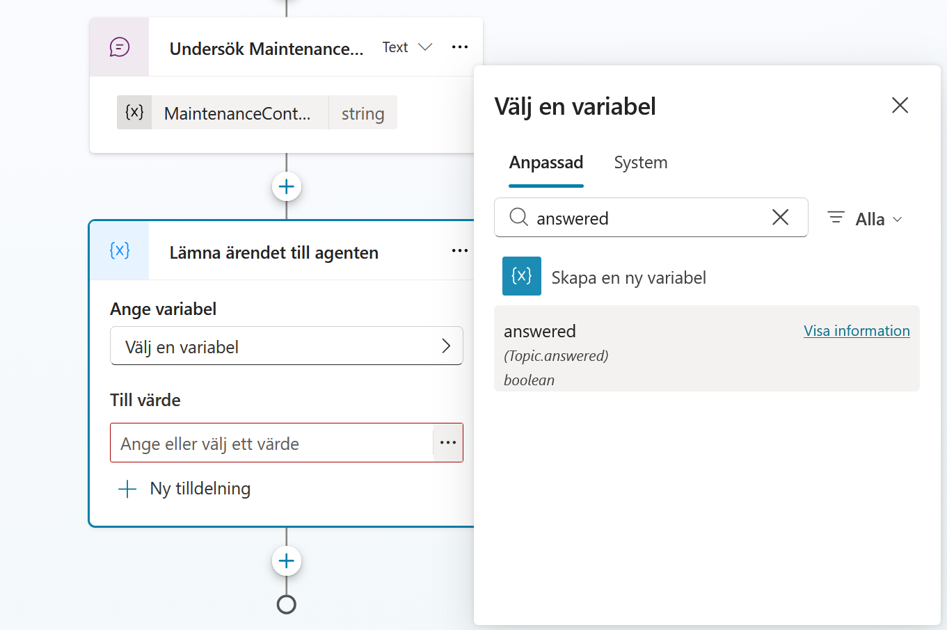 Variabelväljaren med ämnets answered-utdata