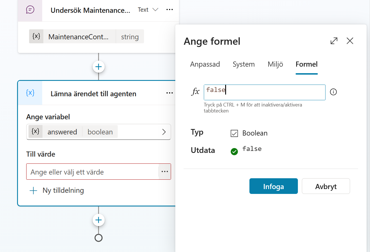 Formeln false med typen Boolean och godkänd utdata