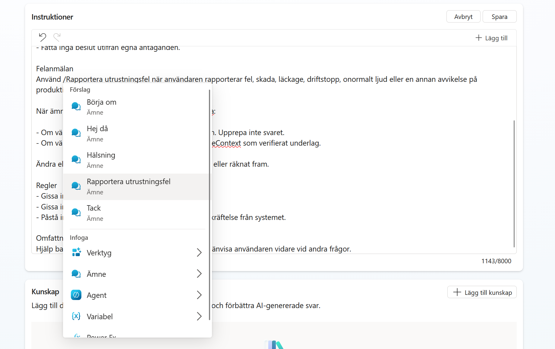 Instruktionsfältets meny med ämnet Rapportera utrustningsfel