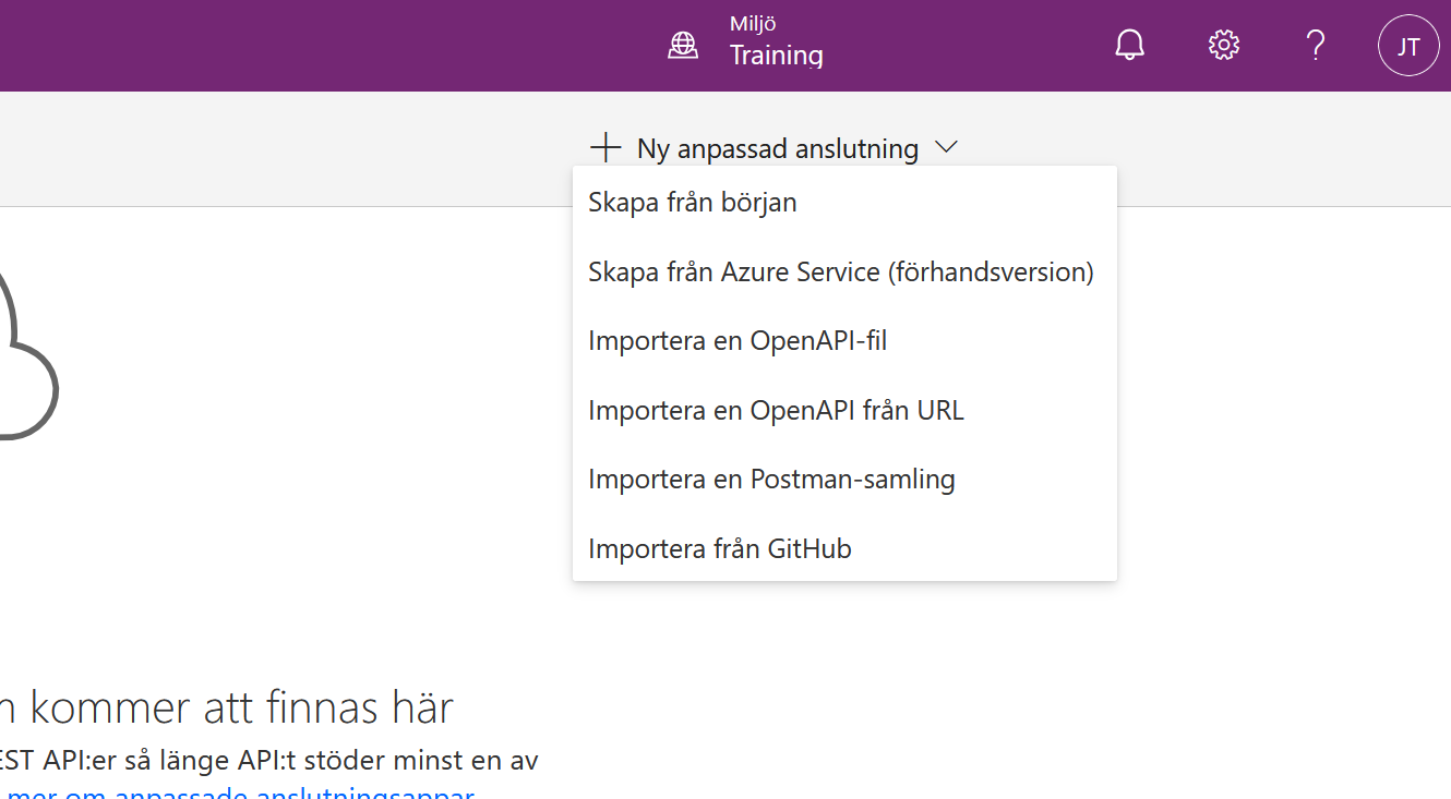 Menyn Ny anpassad anslutning med valet Importera en OpenAPI-fil