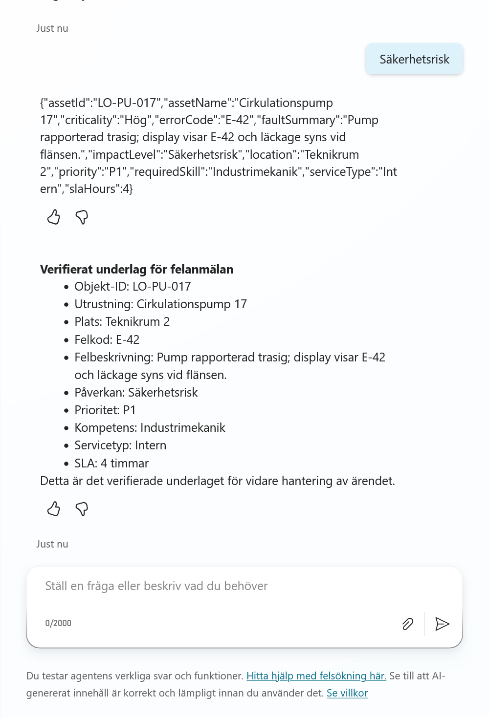 Testchatten med MaintenanceContext och agentens sammanfattning