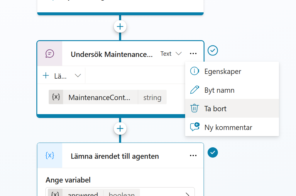 Menyn för att ta bort kontrollmeddelandet