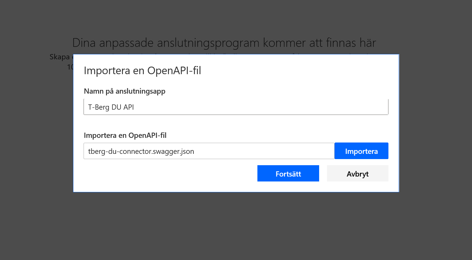 Dialogrutan Importera en OpenAPI-fil med namn och vald fil