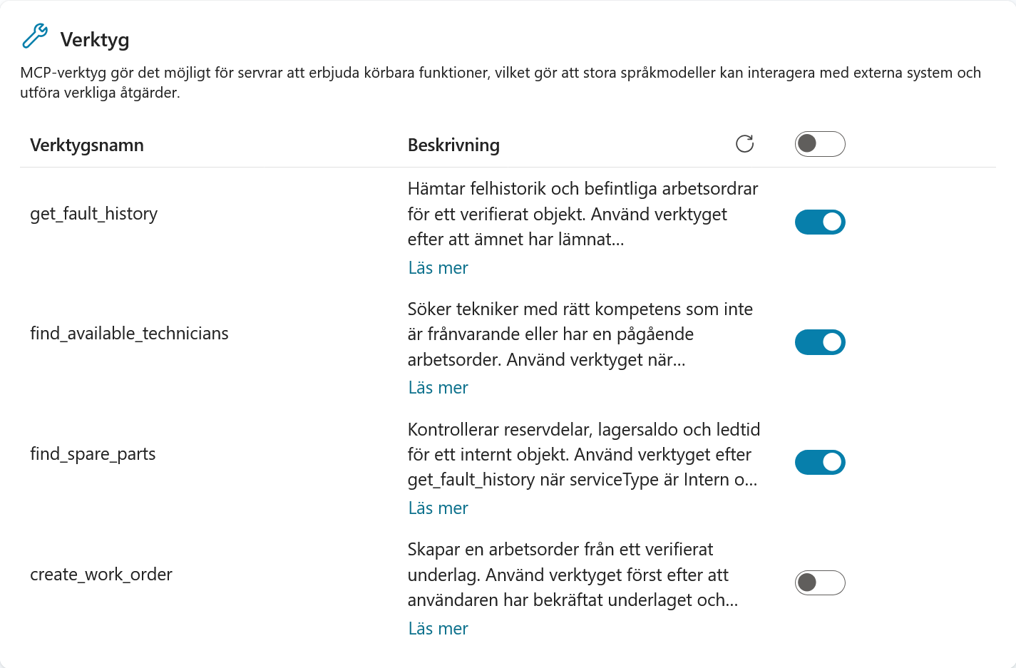Tre aktiva MCP-verktyg och create_work_order avstängt