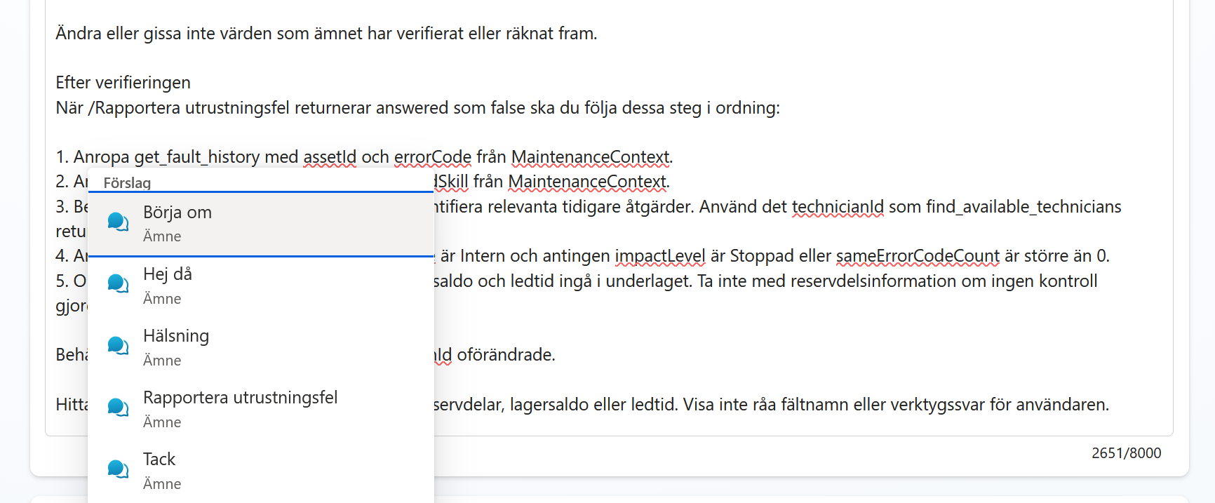 Instruktionsfältet med ämnet Rapportera utrustningsfel i referenslistan