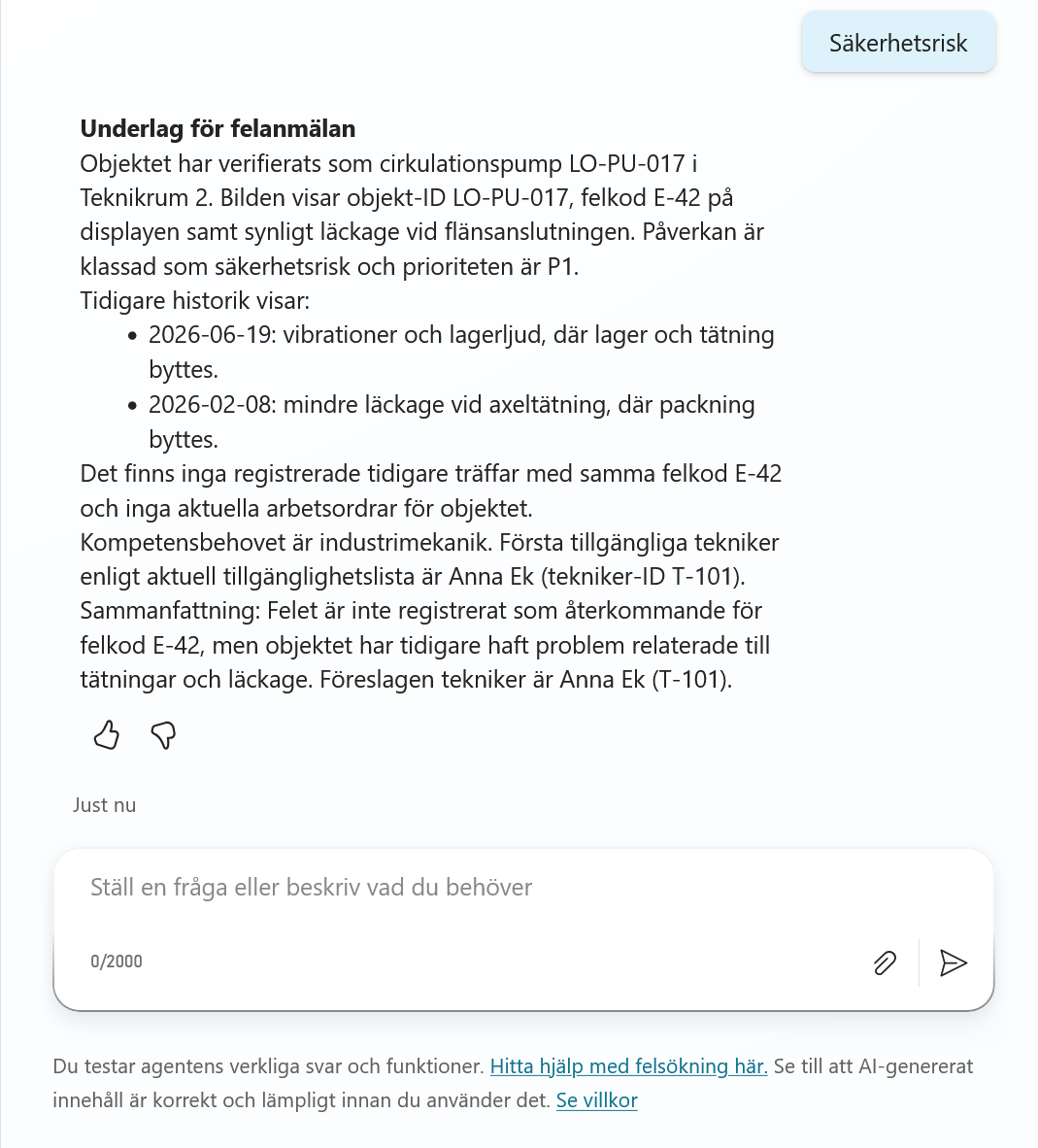 Testchatten med felhistorik, föreslagen tekniker och samlat underlag