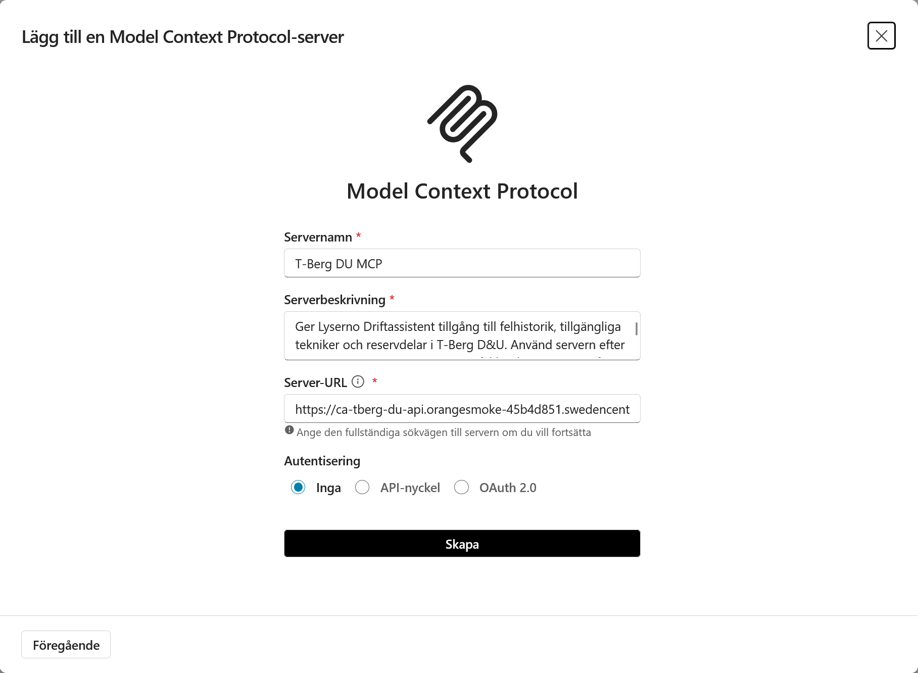 Guiden för en ny MCP-server med namn, beskrivning och server-URL