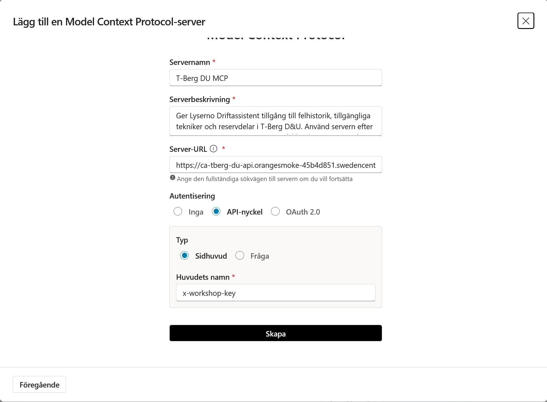 MCP-guiden med API-nyckel i sidhuvudet x-workshop-key