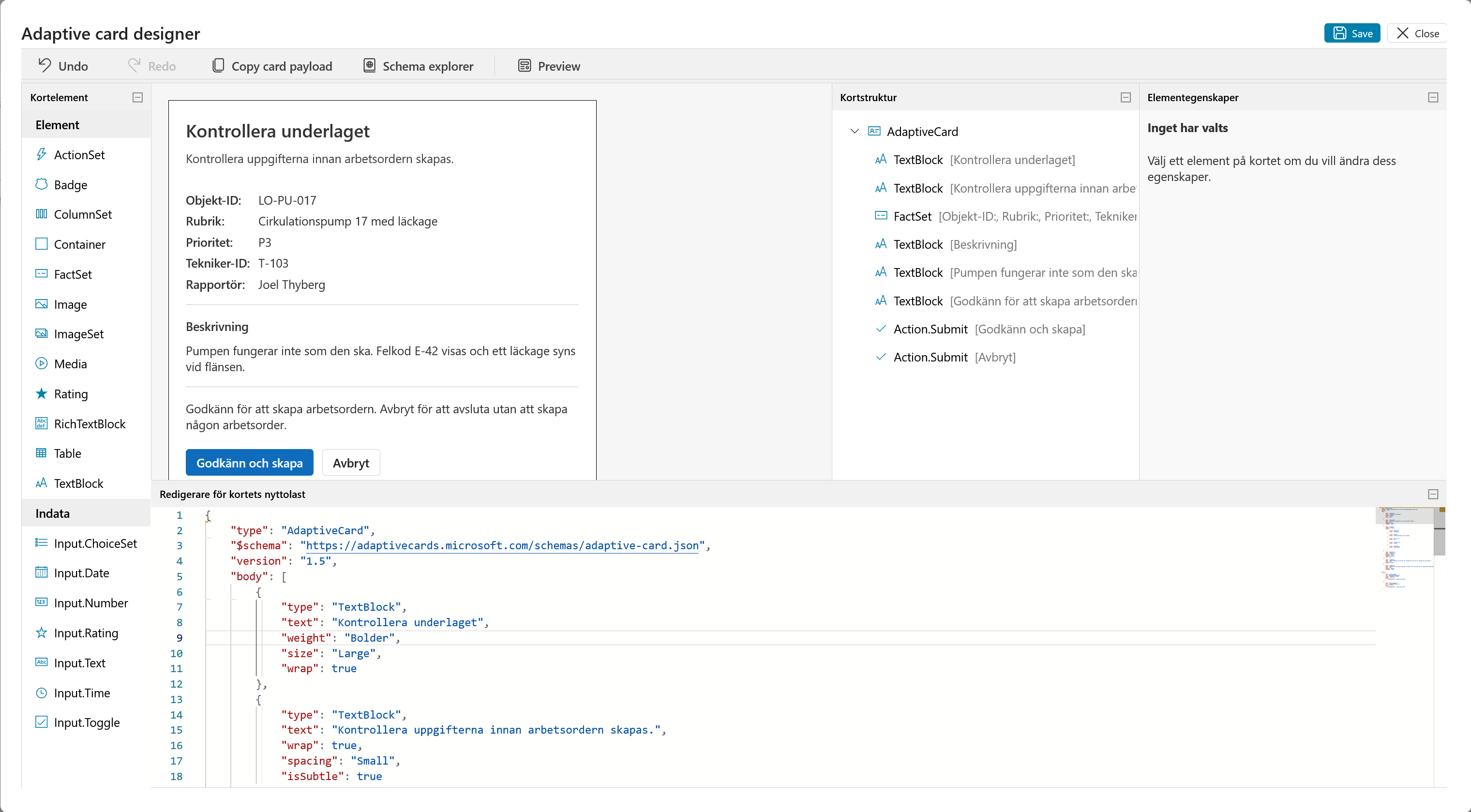 Adaptive Card Designer med JSON-kortet och dess förhandsvisning