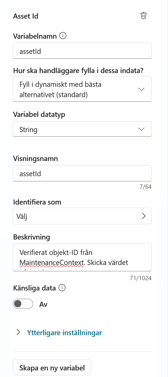 Indatavariabeln assetId med beskrivning