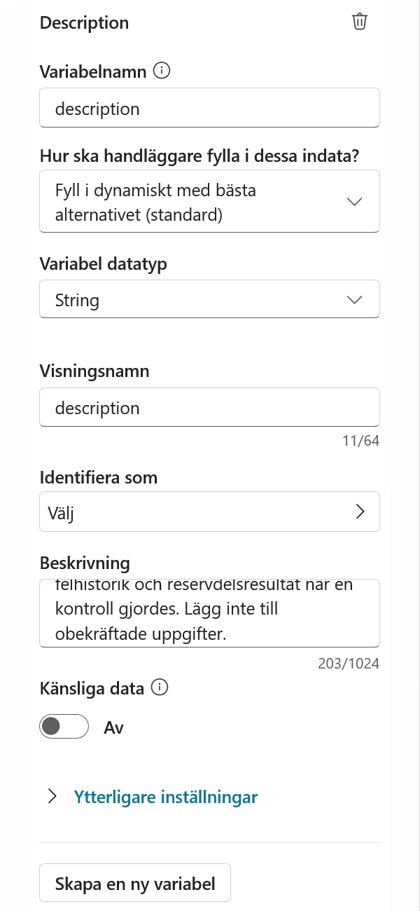 Indatavariabeln description med beskrivning