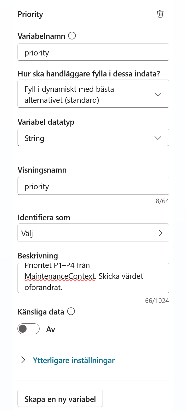 Indatavariabeln priority med beskrivning