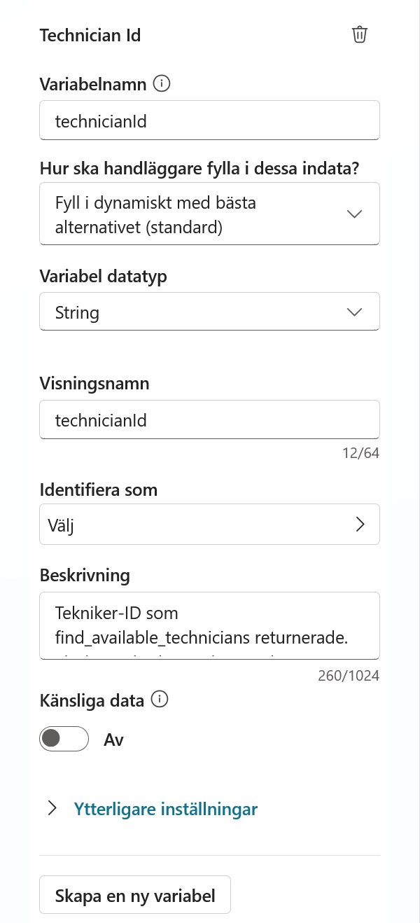 Indatavariabeln technicianId med beskrivning