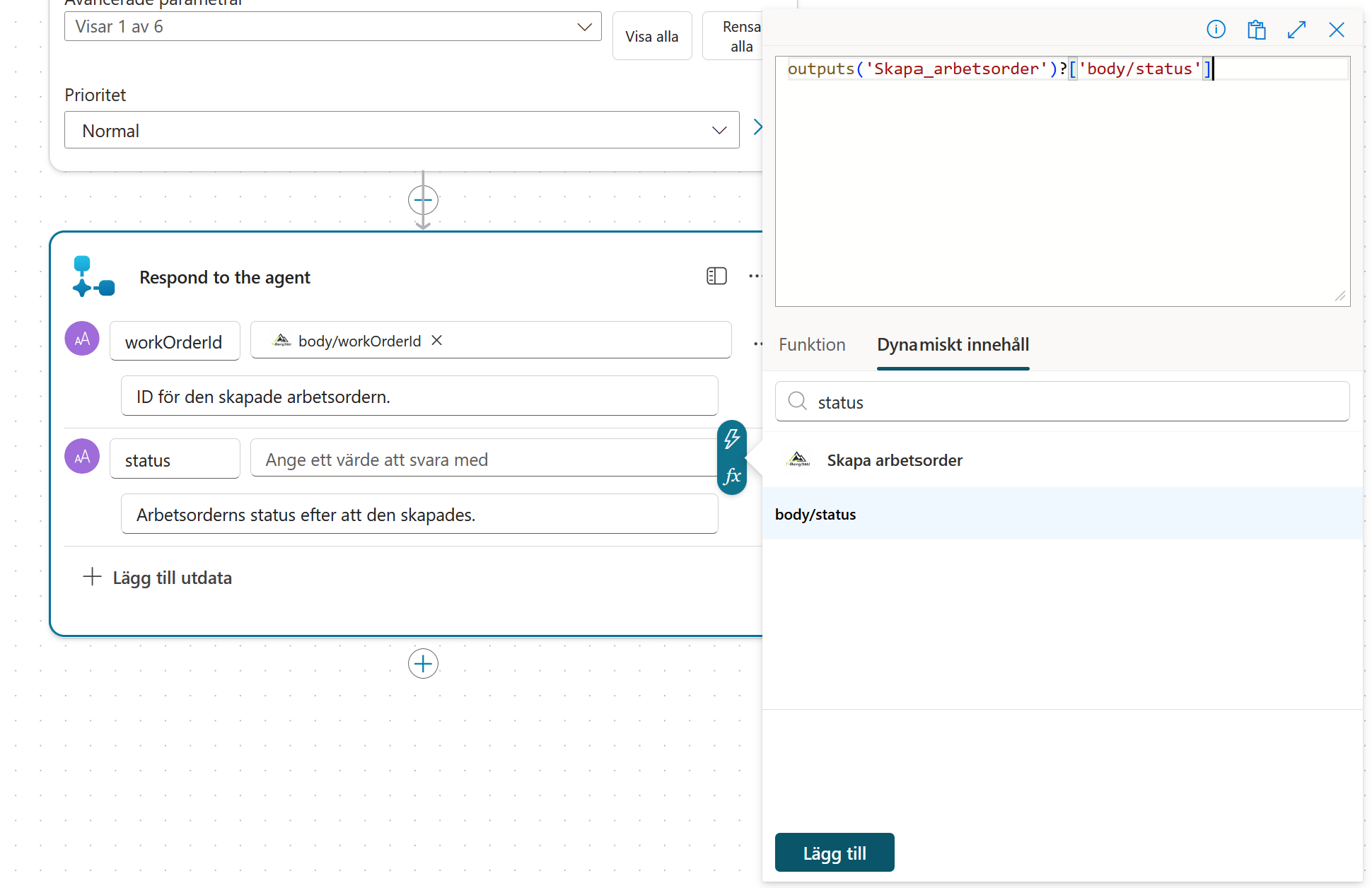Utdatan workOrderId med dynamiskt värde