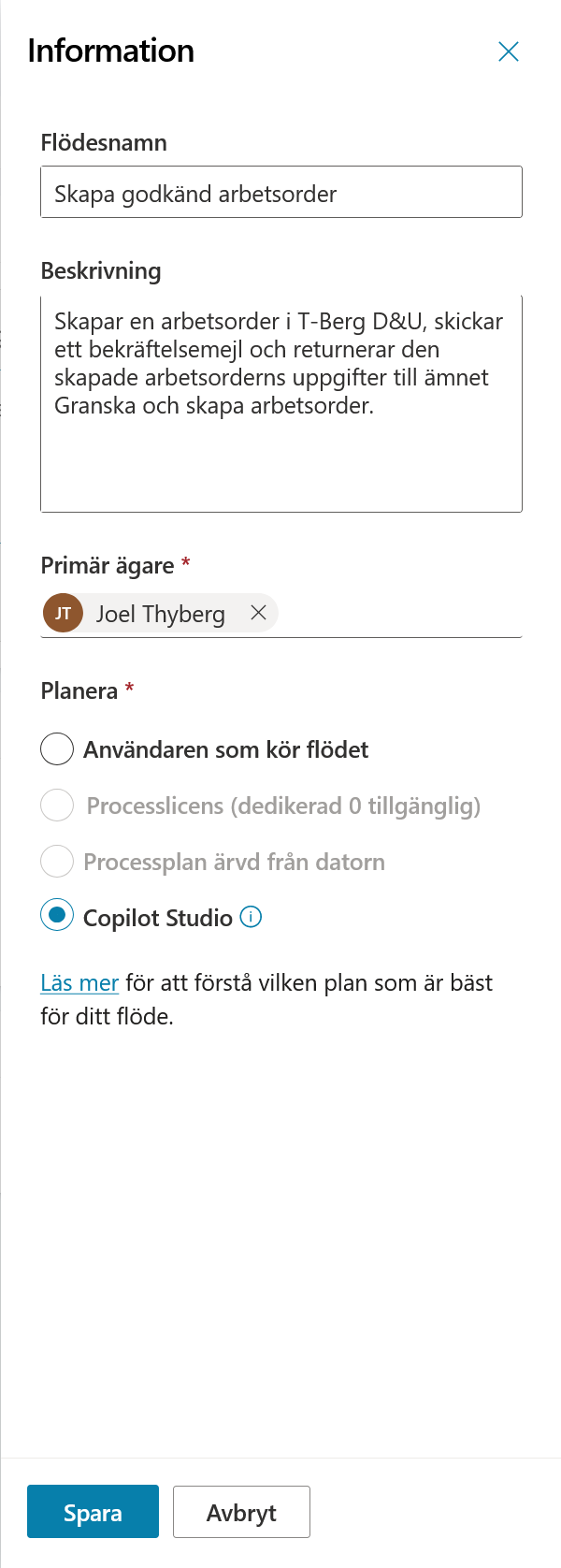 Flödets namn, beskrivning och Copilot Studio-plan