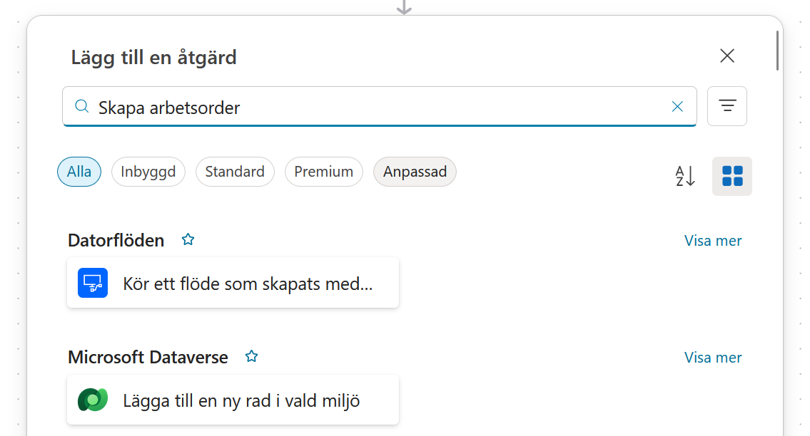 Sökningen efter Skapa arbetsorder