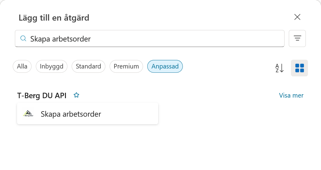 Den anpassade åtgärden Skapa arbetsorder från T-Berg DU API
