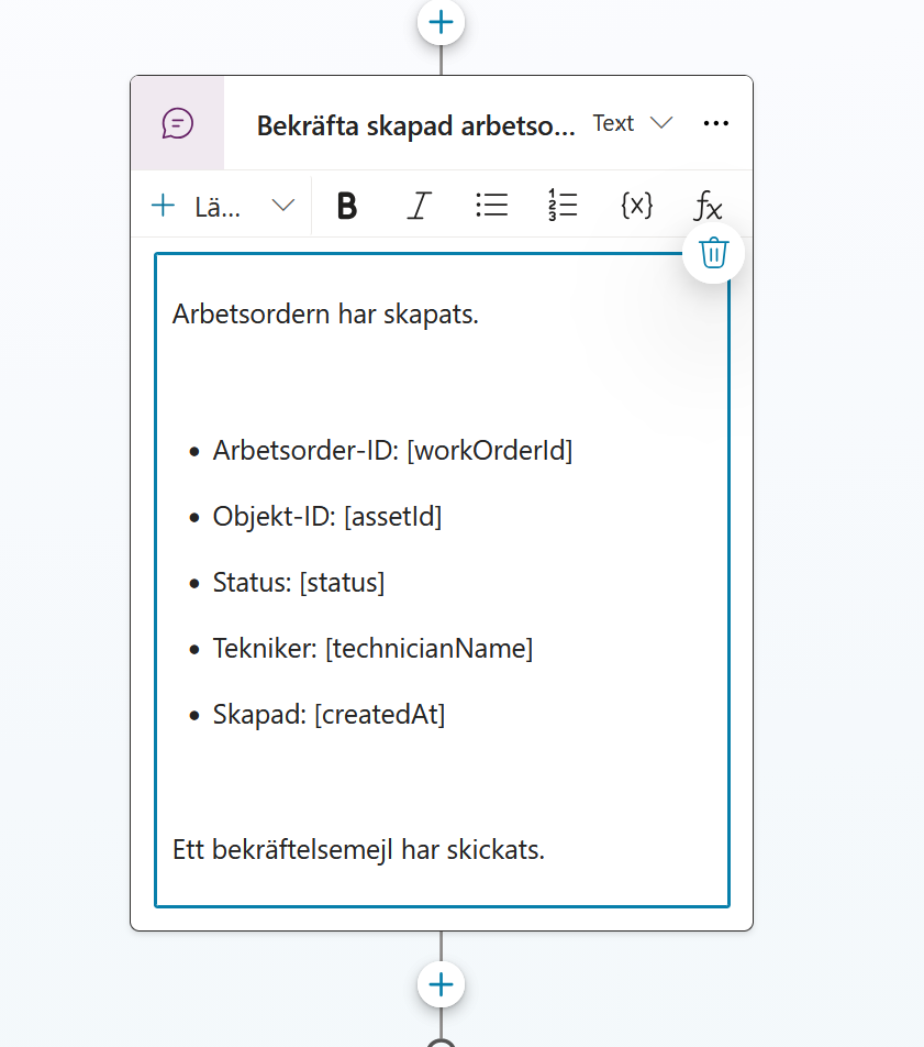 Meddelandet med arbetsorderns resultat som punktlista