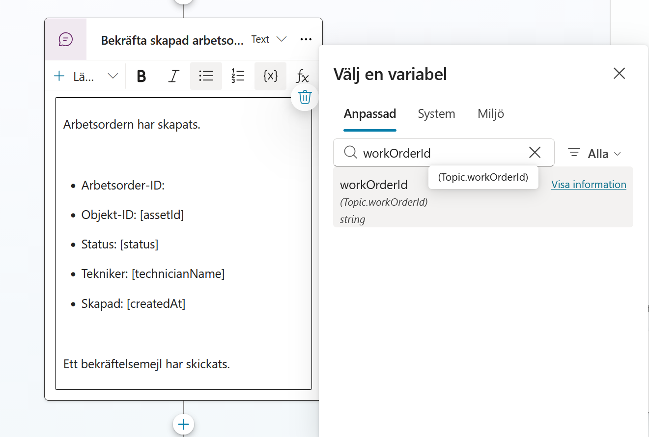 workOrderId väljs från ämnets variabler