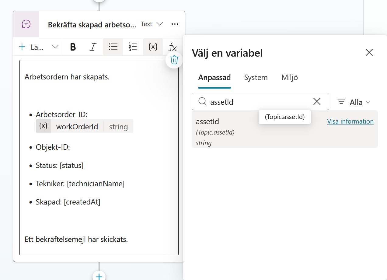 assetId väljs från ämnets variabler