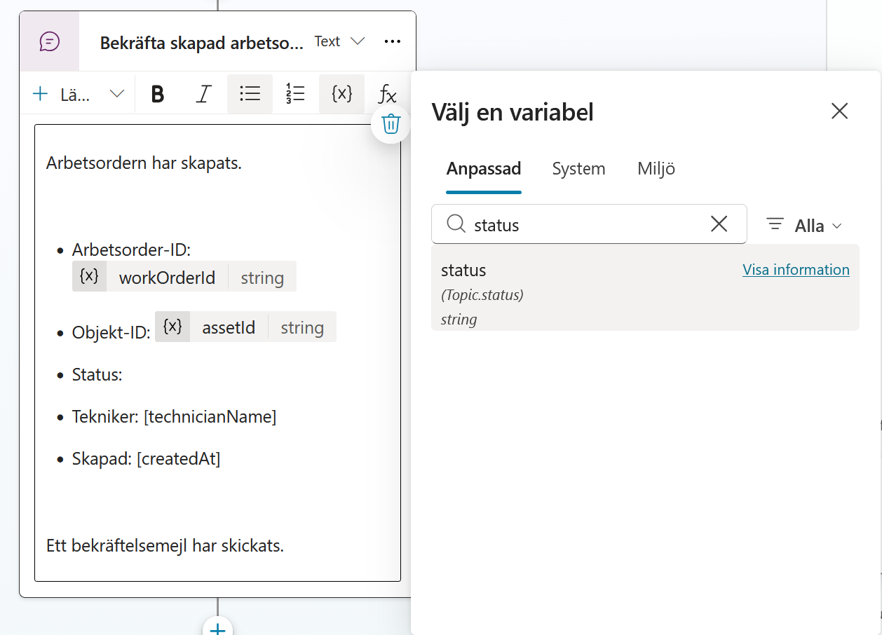 status väljs från ämnets variabler