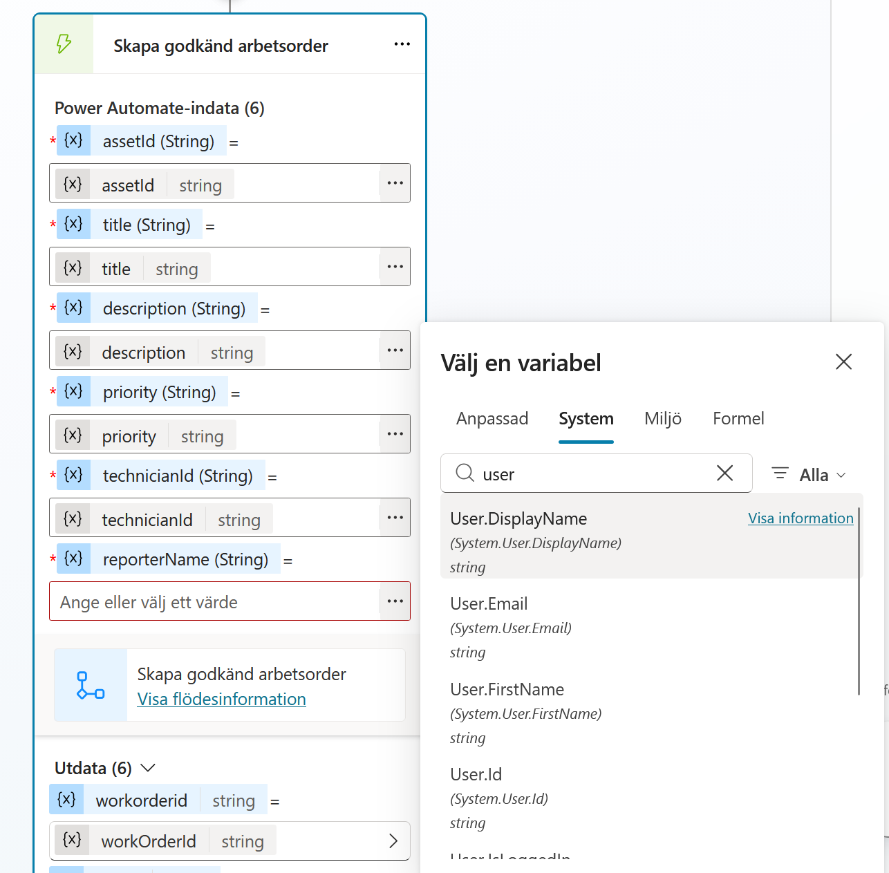 Indatan reporterName kopplad till System User DisplayName