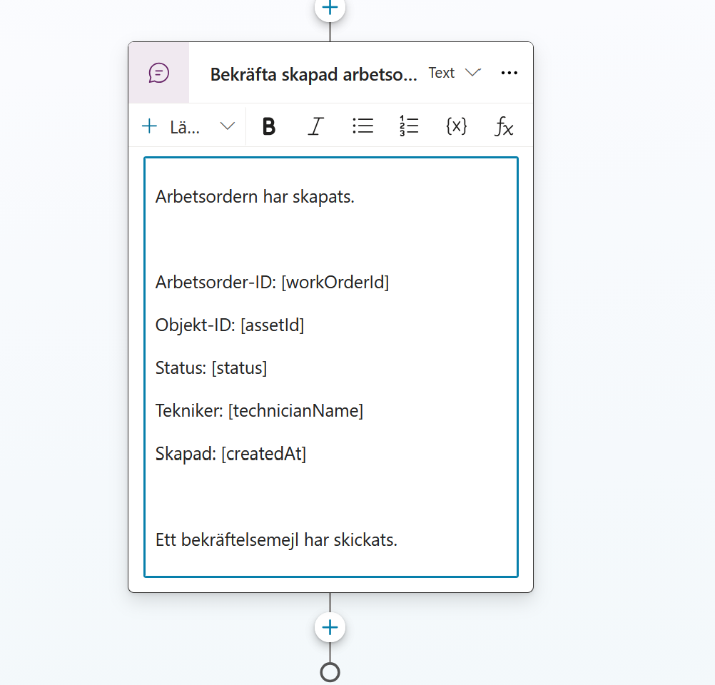Meddelandenoden med text och platshållare
