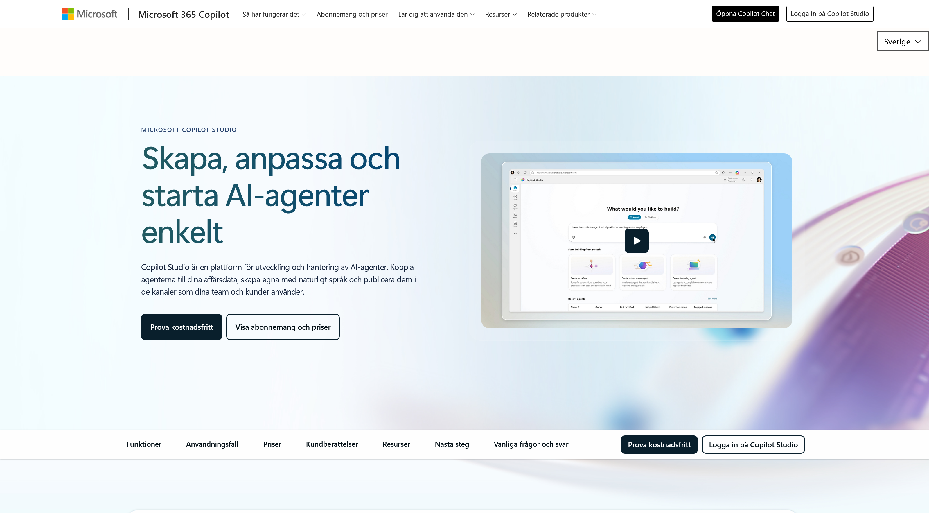 Microsofts startsida för Copilot Studio med knappen Prova kostnadsfritt