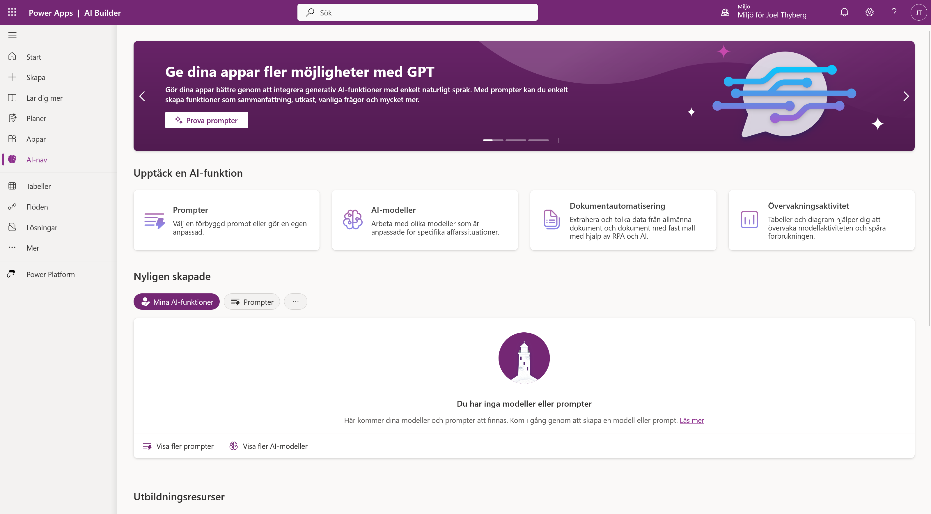 AI-nav öppet i Power Apps