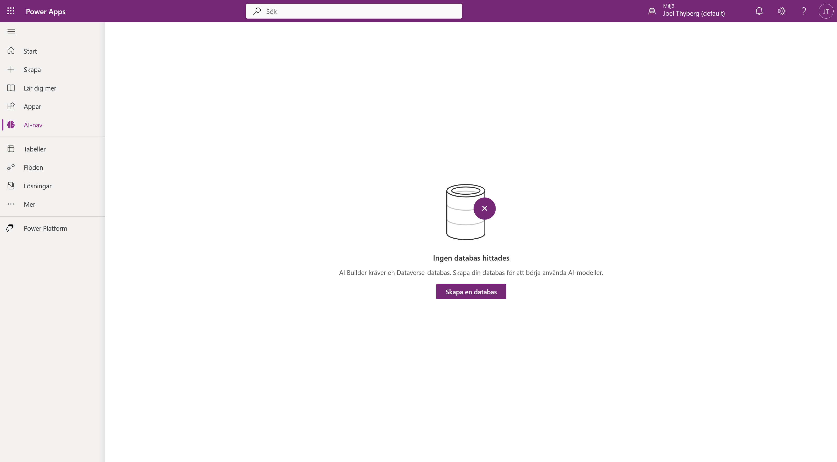 AI-nav visar meddelandet Ingen databas hittades