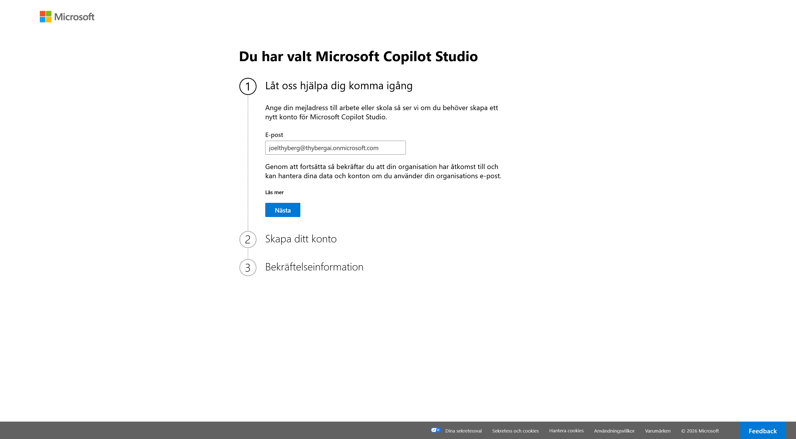Registreringen för Copilot Studio där en e-postadress anges