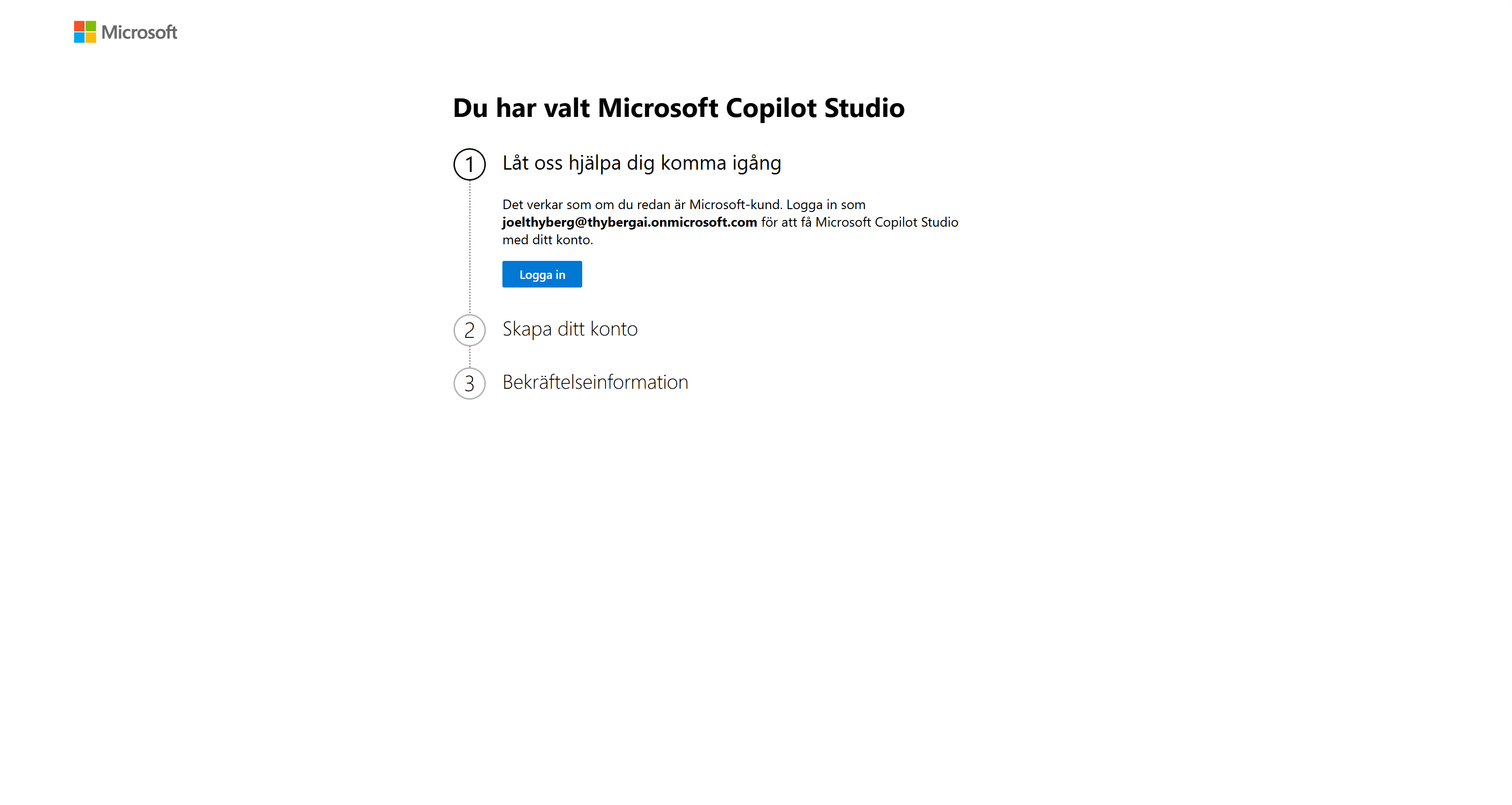 Copilot Studio har identifierat ett befintligt Microsoft-konto och visar knappen Logga in
