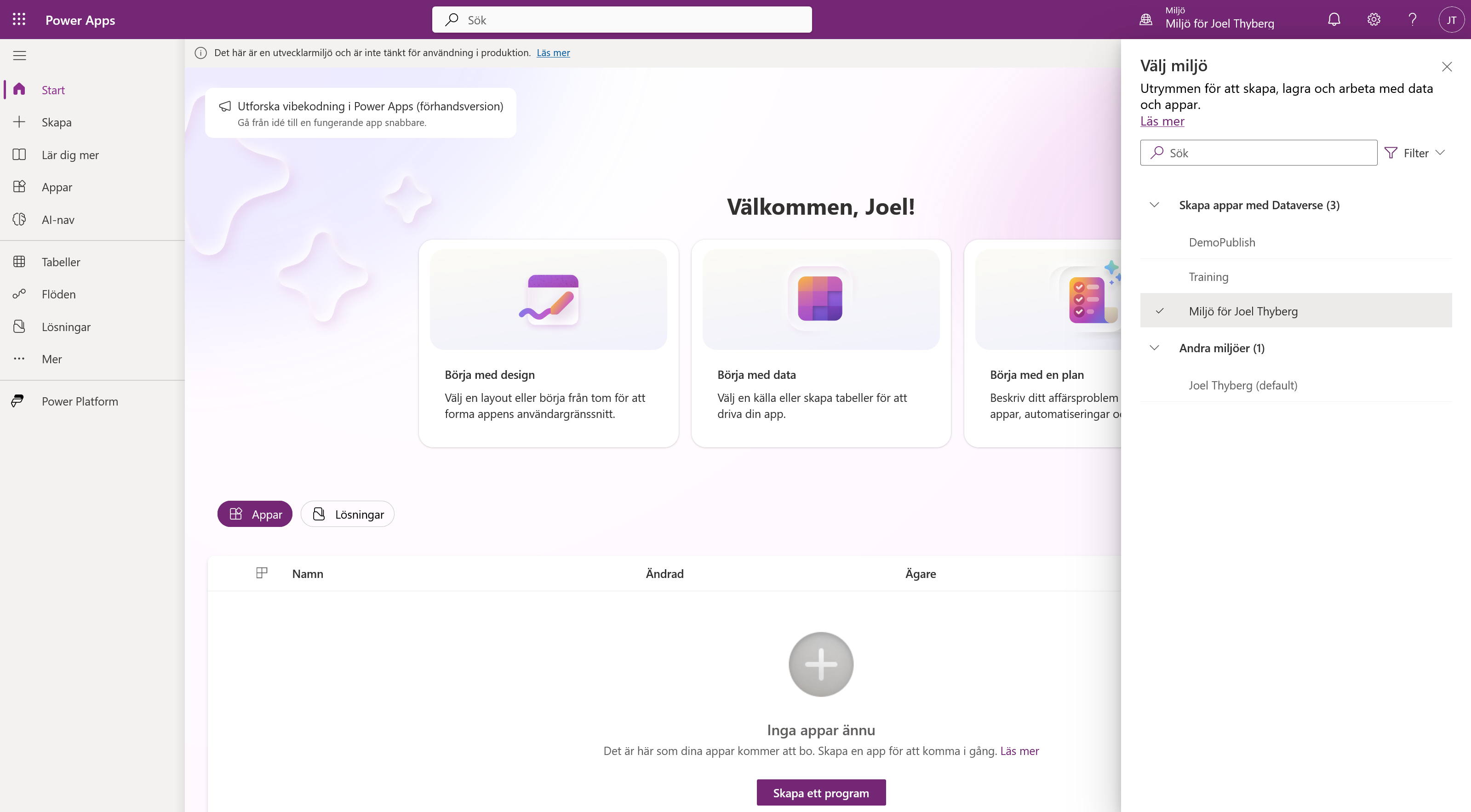 Miljöväljaren i Power Apps med utvecklingsmiljön vald