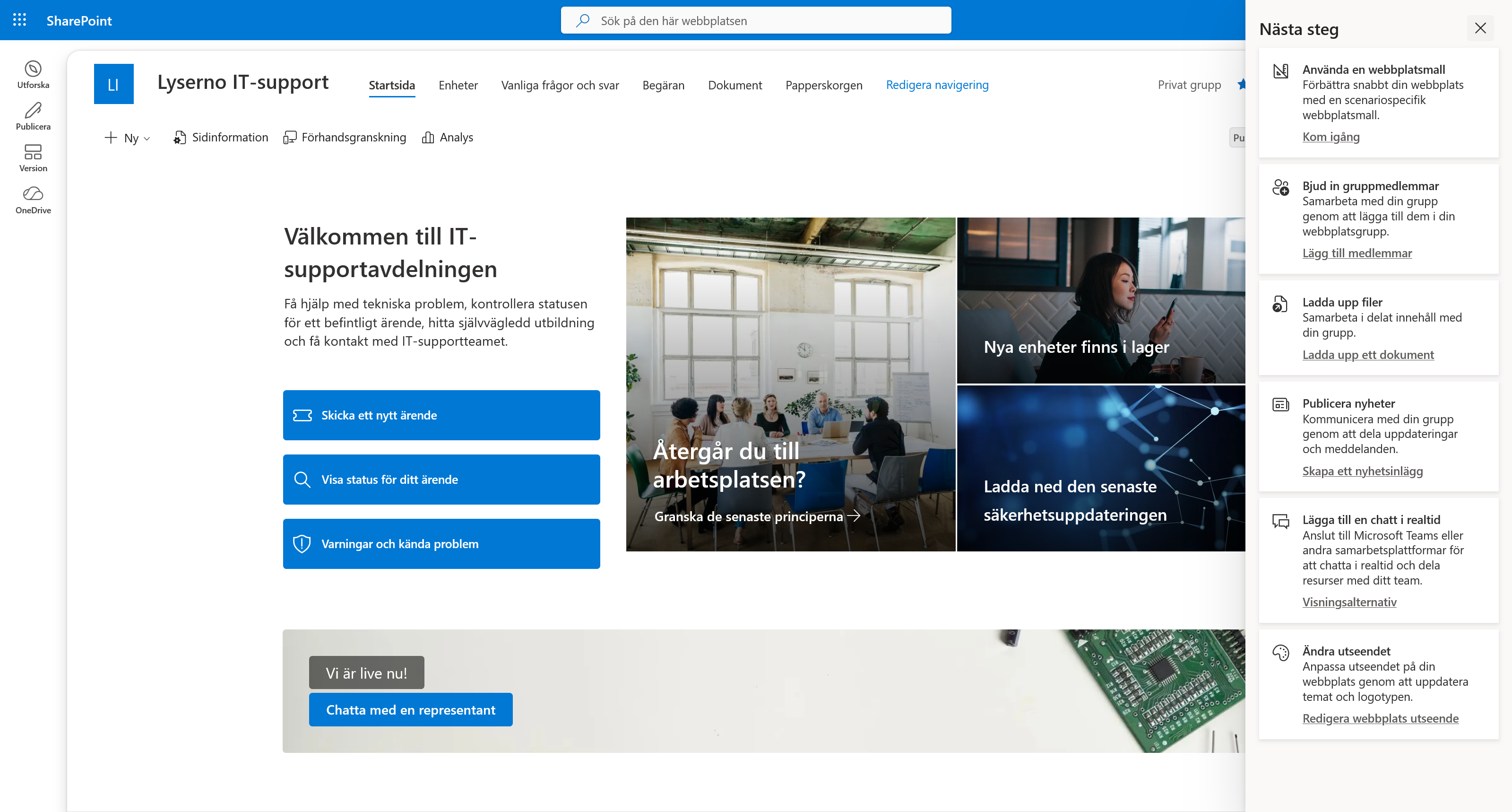 Startsidan för Lyserno IT-support med Enheter i menyn