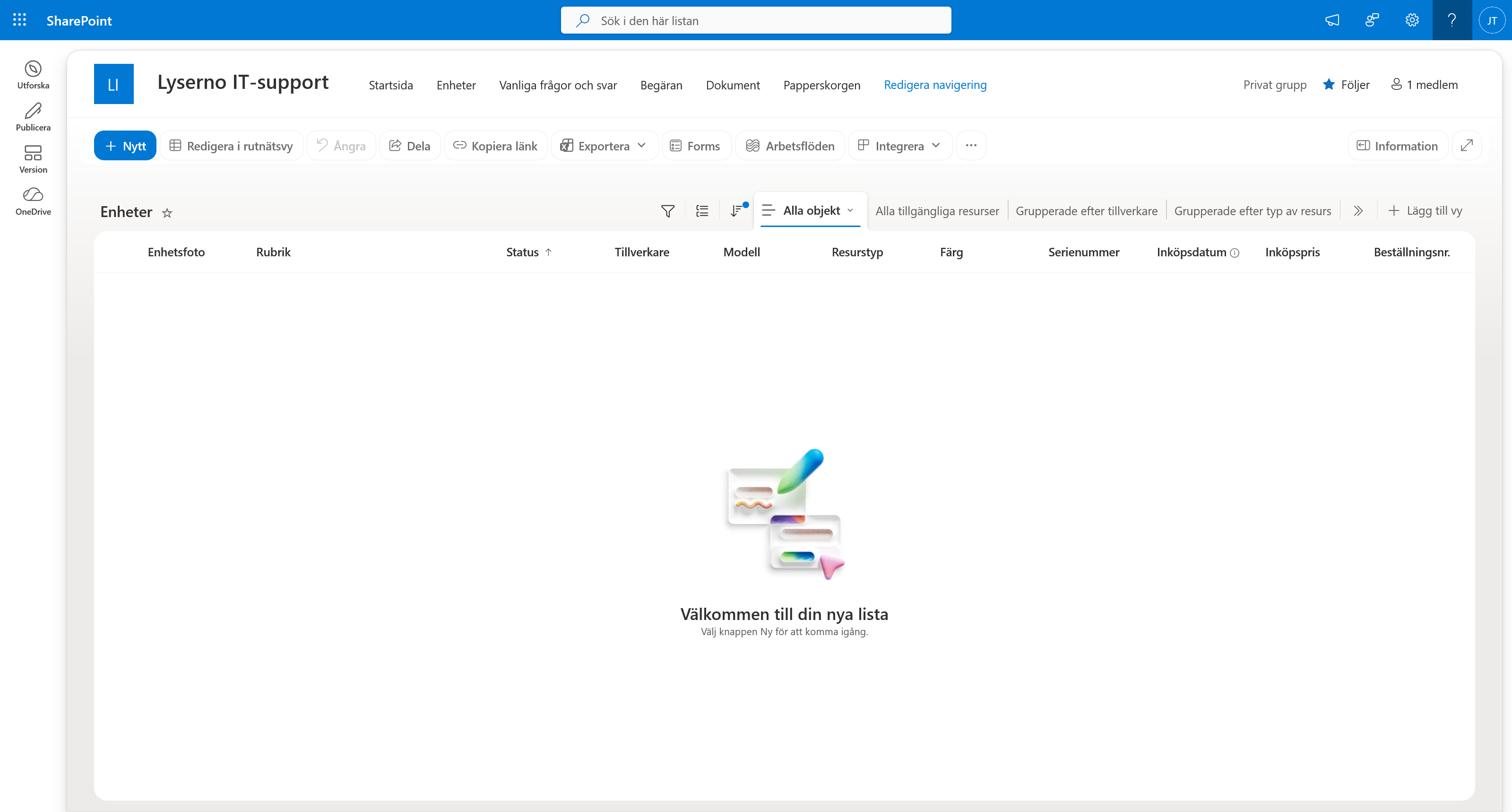 Den tomma SharePoint-listan Enheter