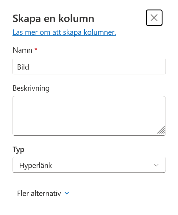 Kolumnen Bild med typen Hyperlänk
