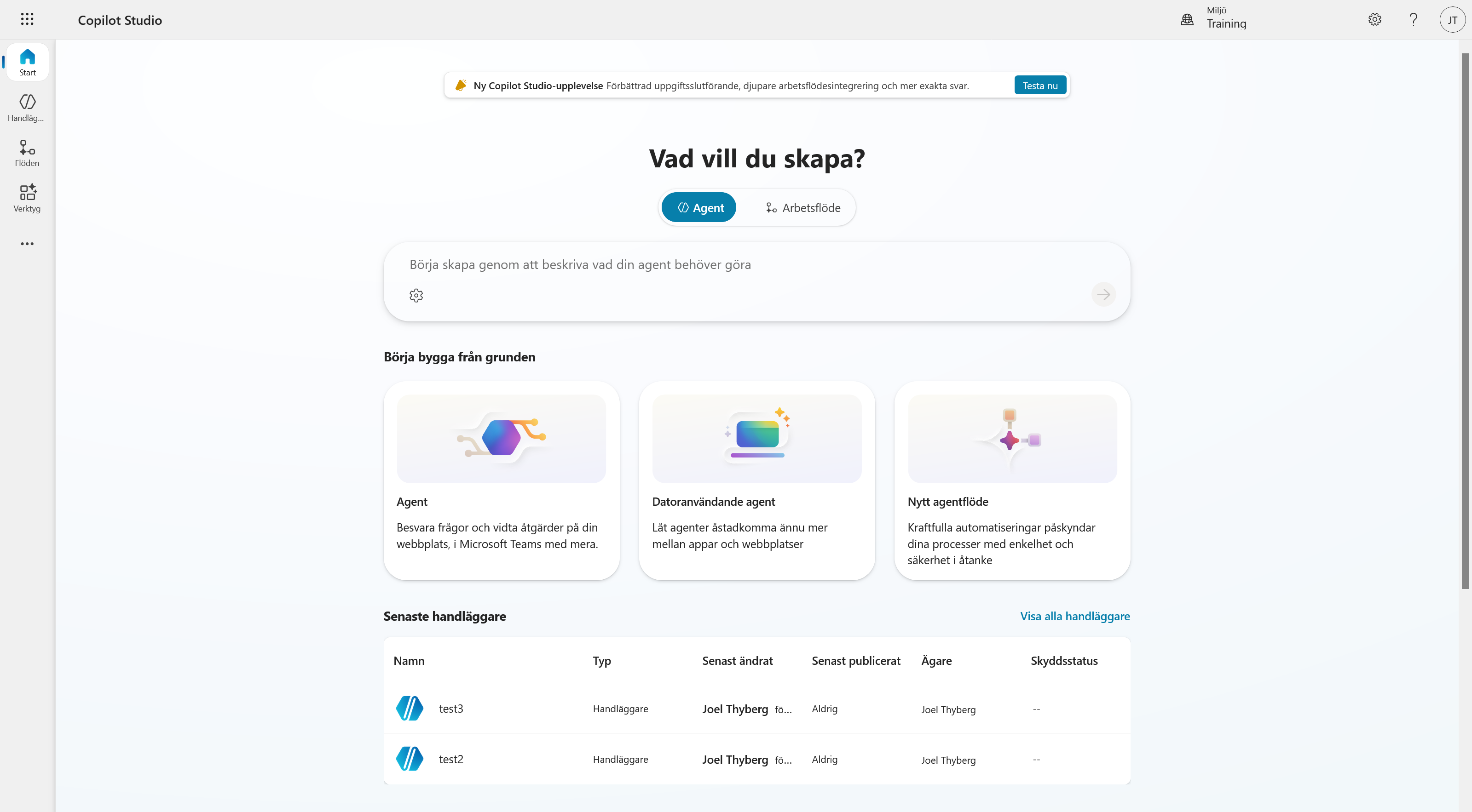 Startsidan i Copilot Studio med Agent valt