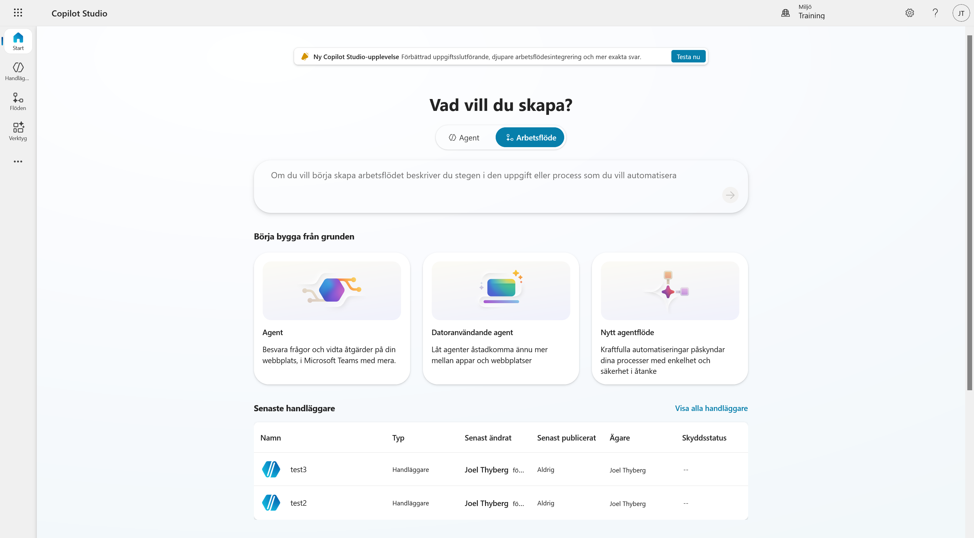 Startsidan med Arbetsflöde valt och fältet för att beskriva ett flöde