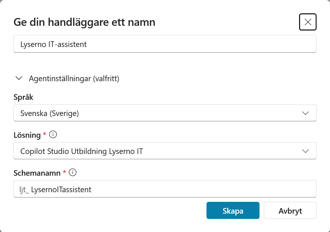 Namn, språk, lösning och schemanamn för agenten