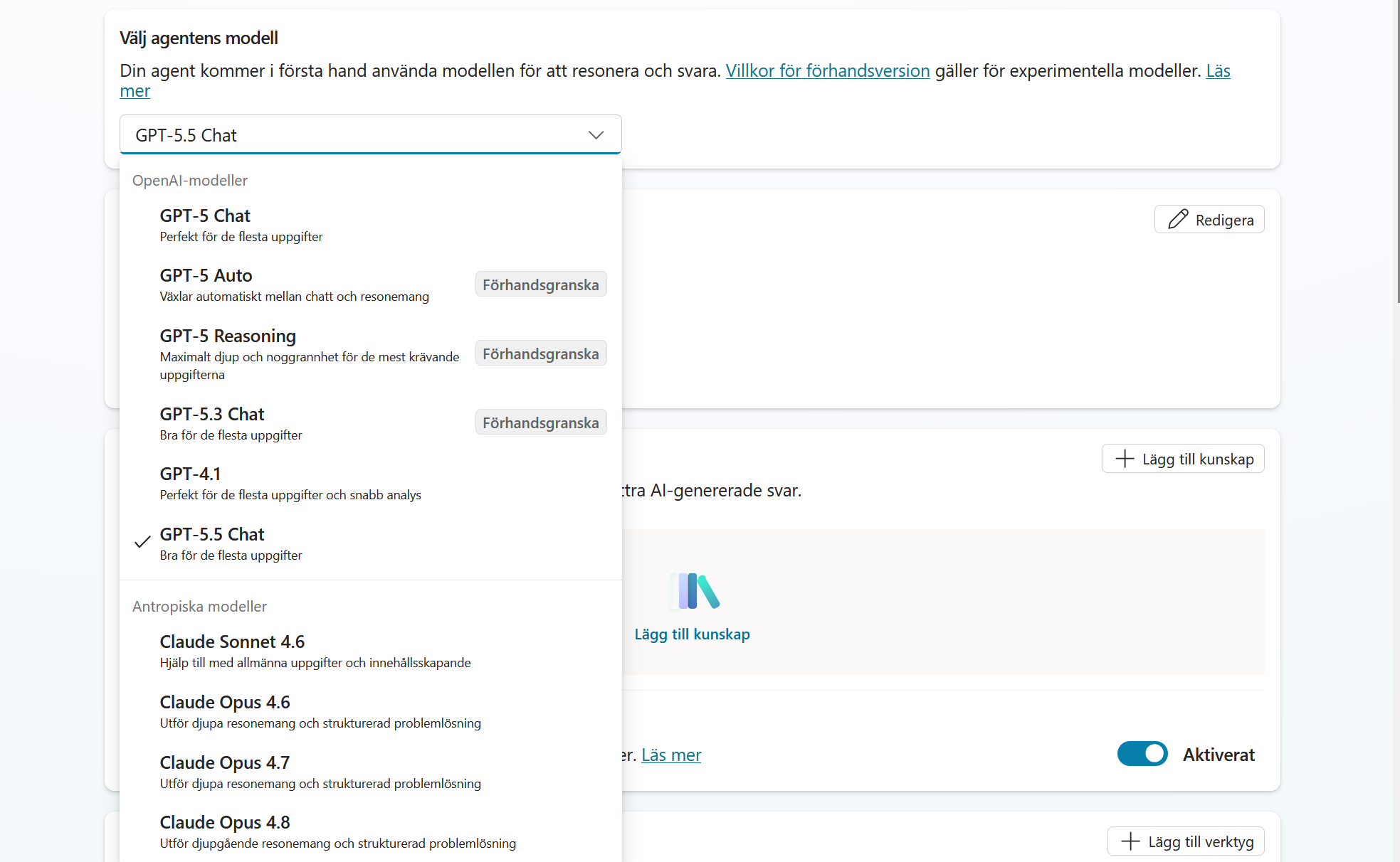 Tillgängliga modeller i agentens modellväljare