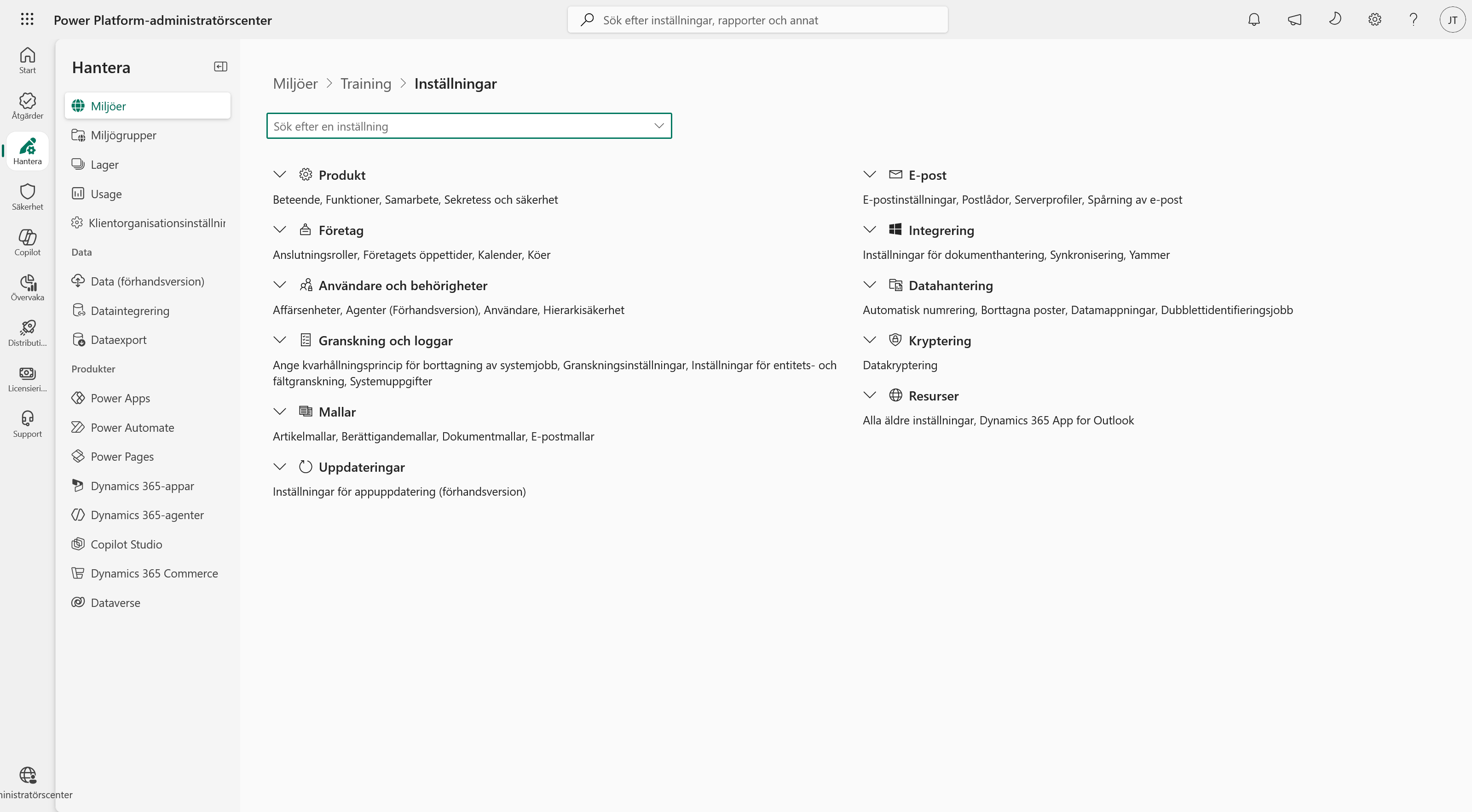 Miljöns inställningar i Power Platform-administrationscentret