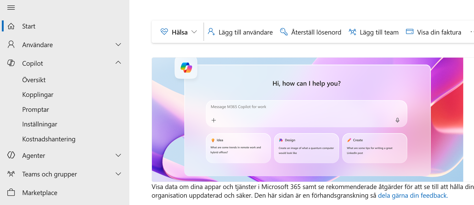 Copilot-menyn i Microsoft 365-administrationscentret
